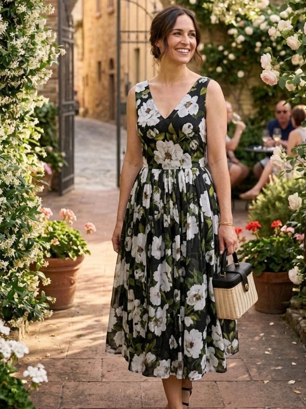 Samantha Sung Floral Cotton Blend V-Neck Sleeveless Midi Dress Size 8